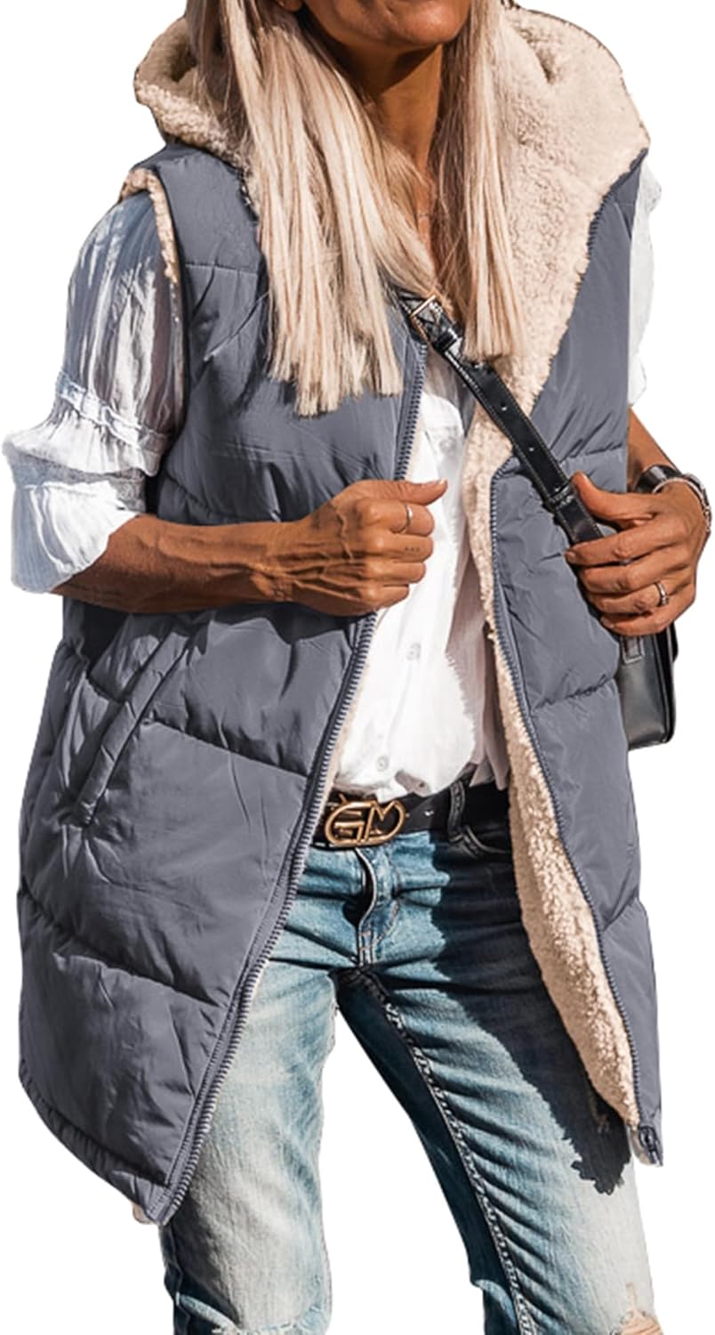 Long Puffer Vest for Women - Reversible Hooded Sherpa Jacket