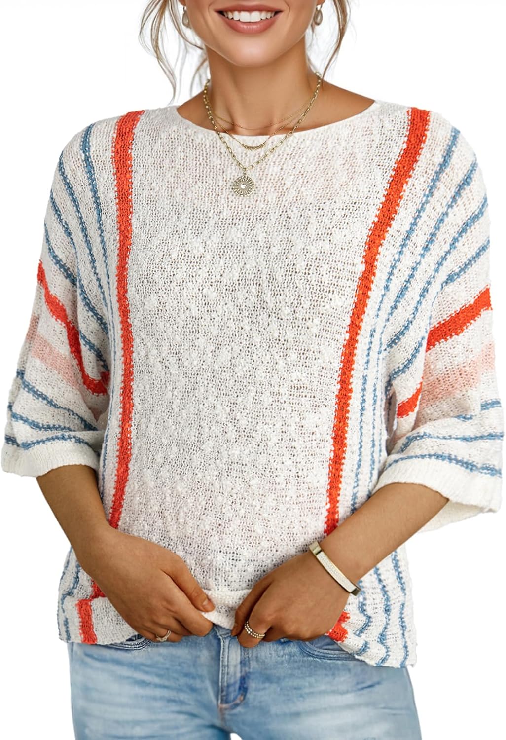Dokotoo Womens Casual Crewneck Striped Knit Pullover Sweater