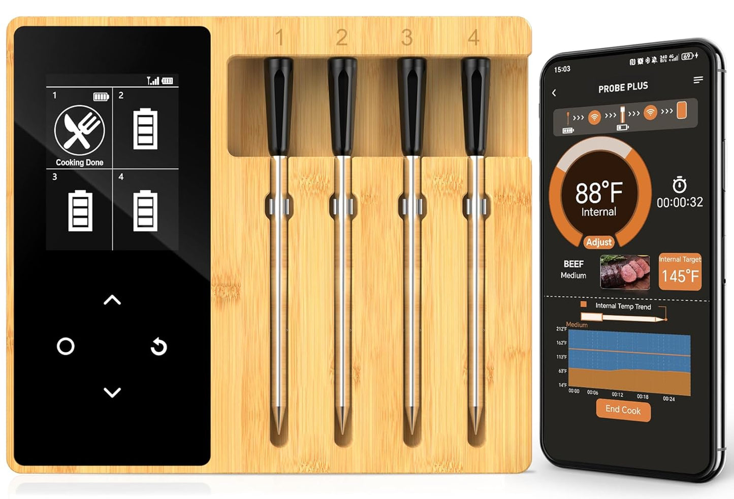 Accurate Smart Wireless Meat Thermometer with 4 Probes for BBQ