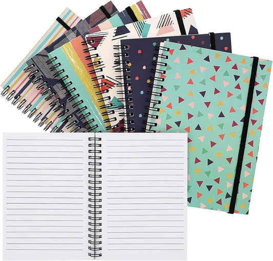 6 Pack Small Lined Spiral Notebooks - Elastic Closure, Pocket, 6 Designs