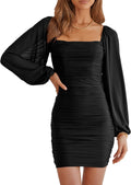 MASCOMODA Square Neck Lantern Sleeve Ruched Bodycon Mini (Style T7S9)