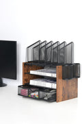 4-Tier Mesh Desk Organizer with Wooden File Holders - Stylish Desktop