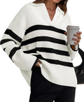 ZESICA Women's Striped Chunky Knit Oversized V Neck Sweater - Cozy Fit