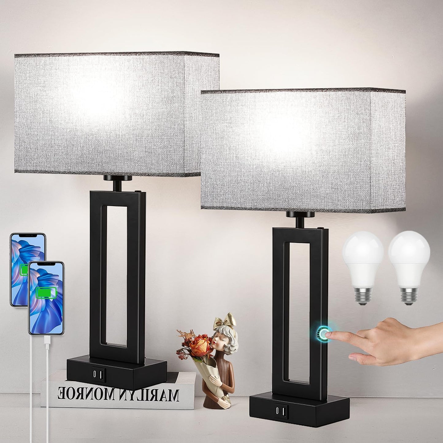 Modern Nightstand Lamps Set of 2 with Touch Control & USB Ports