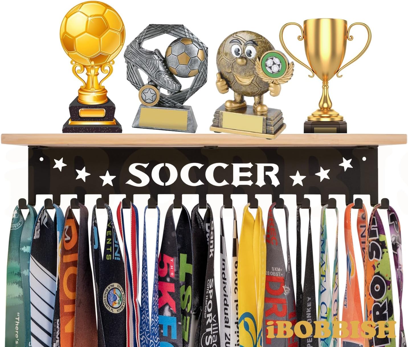 Trophy Shelf with Hooks for Medals - Metal Display Rack for Awards