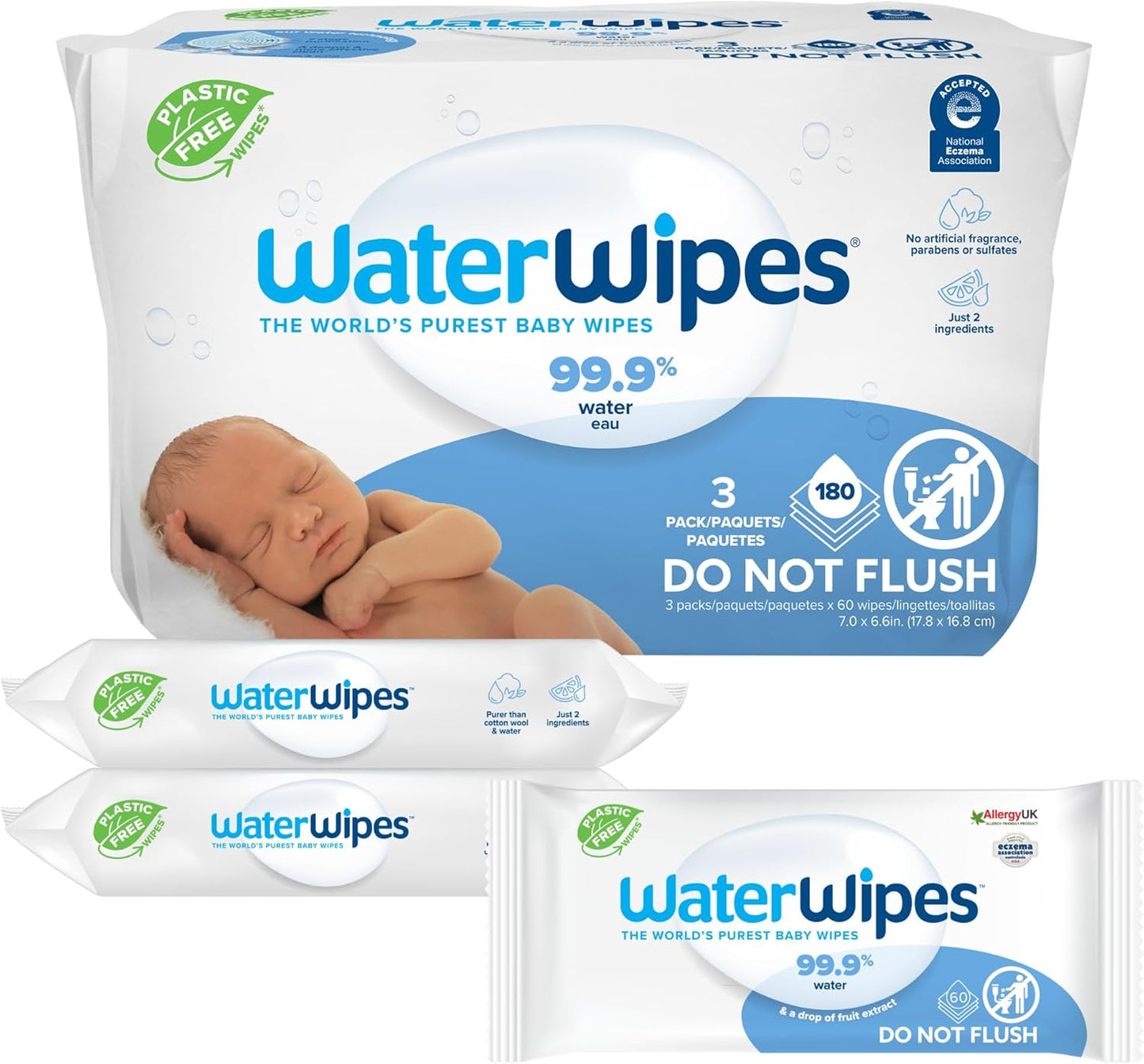WaterWipes 99.9% Water Baby Wipes, Hypoallergenic, 180 Count