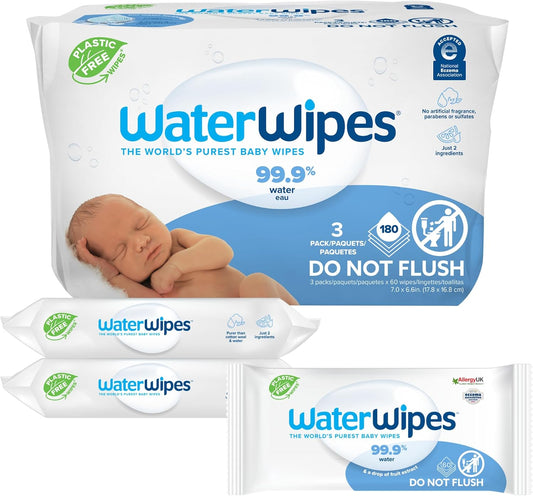 WaterWipes 99.9% Water Baby Wipes, Hypoallergenic, 180 Count