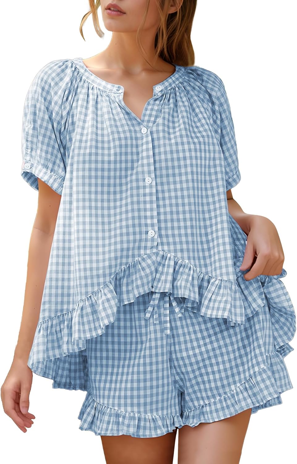 Flygo Womens Gingham Pajamas Set for Summer Comfort and Style