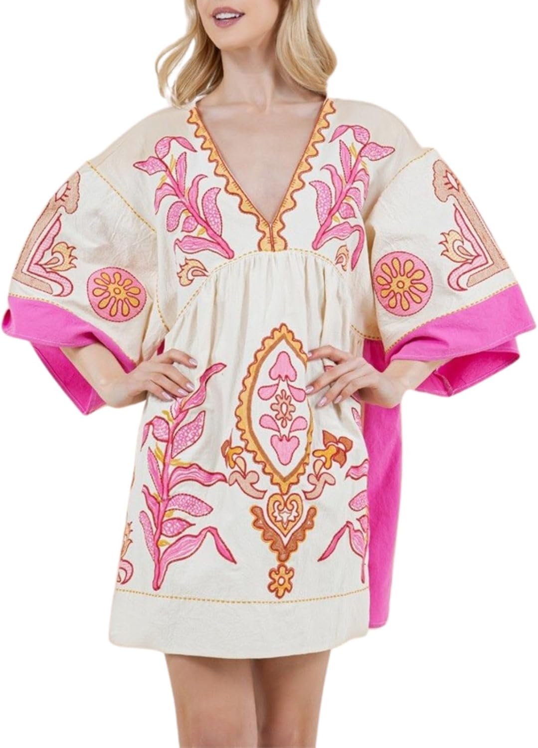 Womens Oversized Embroidered Dress with V-Neck and 3/4 Sleeves