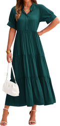 Women's Summer Button Midi Dress Pleated Boho Swing - Lightweight