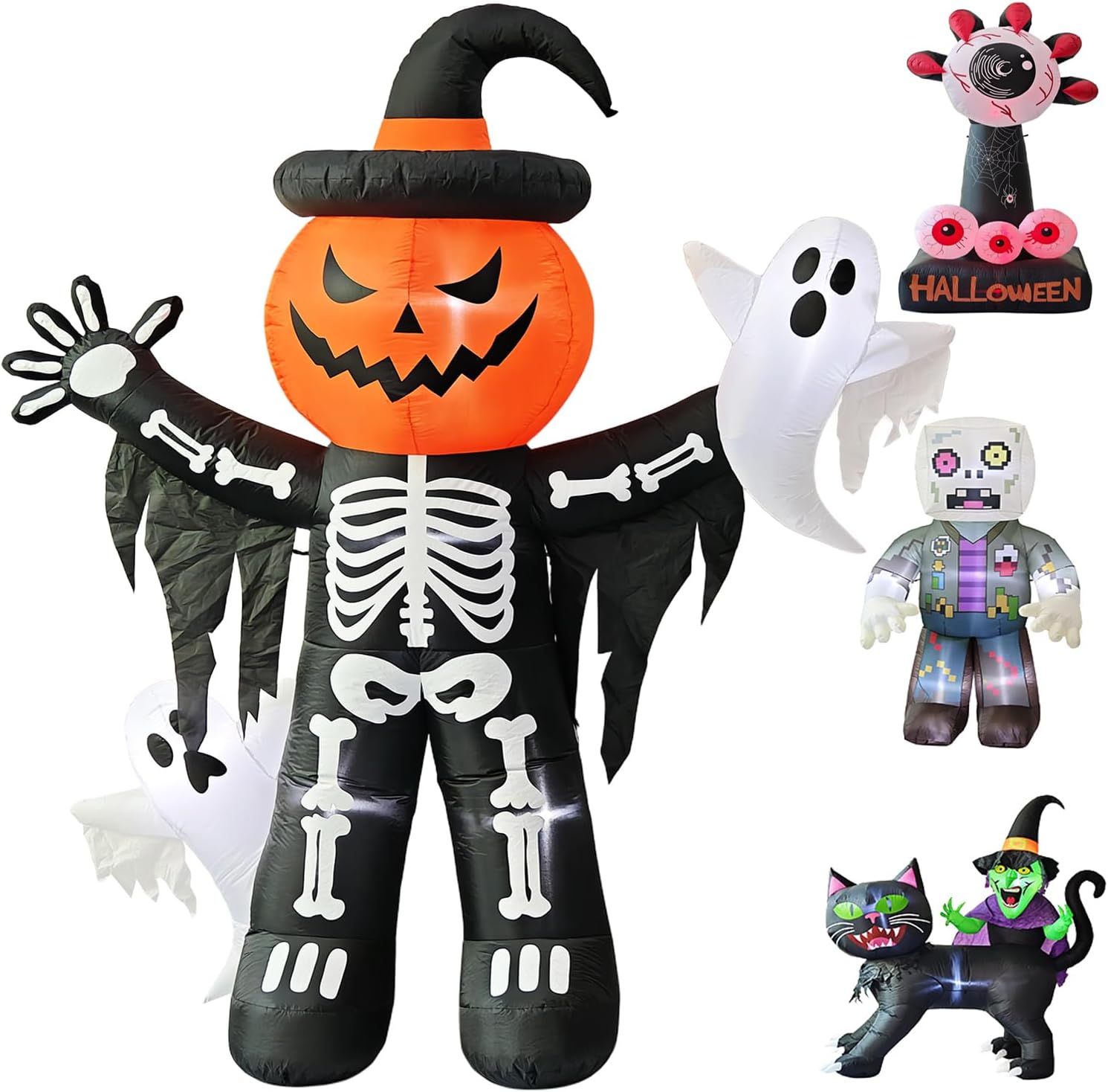 Giant LED-Lit Halloween Inflatable Skeleton Pumpkin with Ghosts