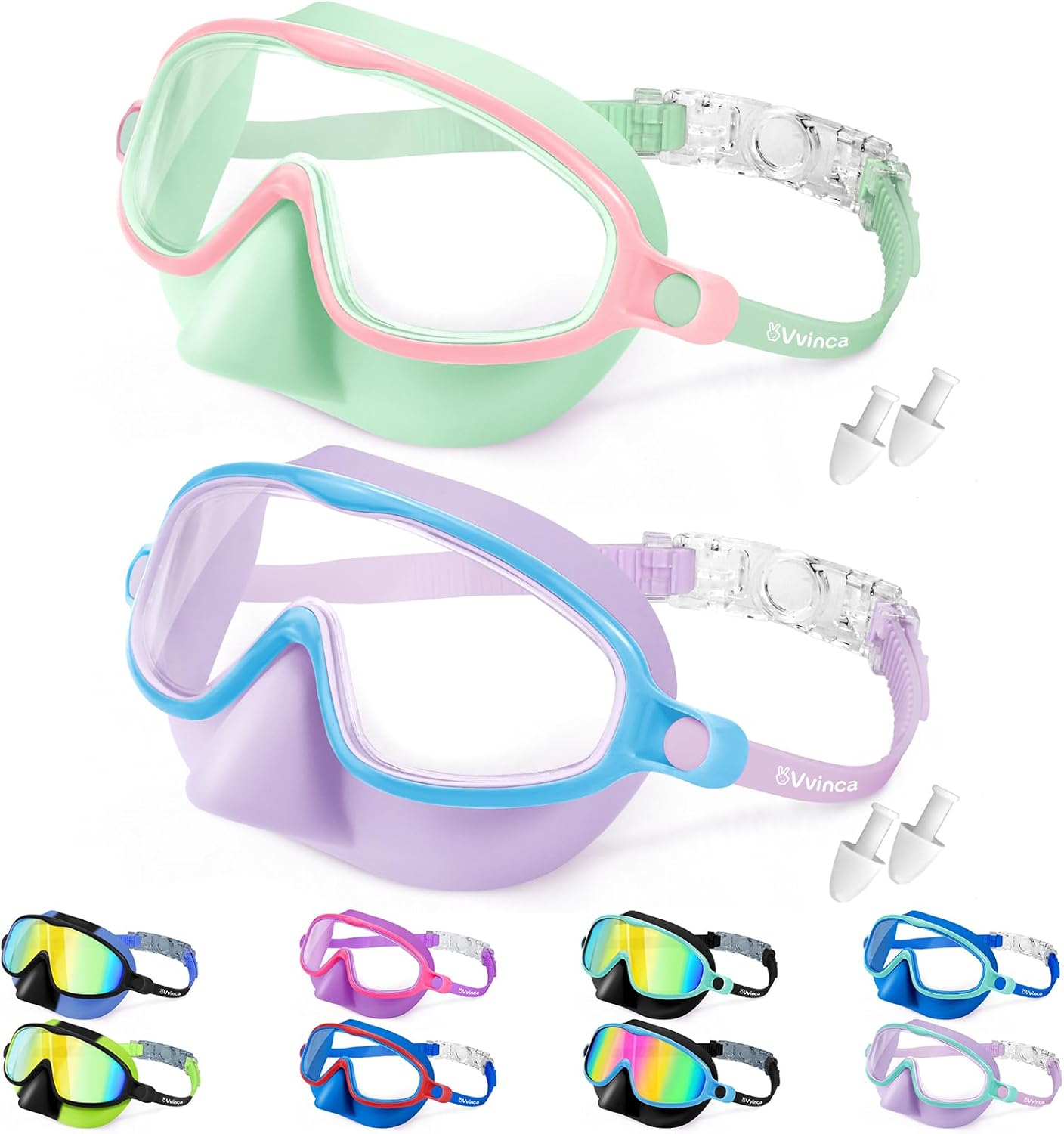 Vvinca Swim Goggles with Nose Cover for Kids 3-15, 2 Pack