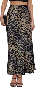 Women's Leopard Print Satin Maxi Skirt High Waisted (Style 66YJ)
