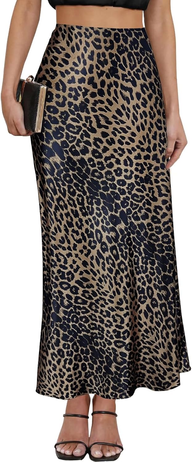 Women's Leopard Print Satin Maxi Skirt for Summer Parties