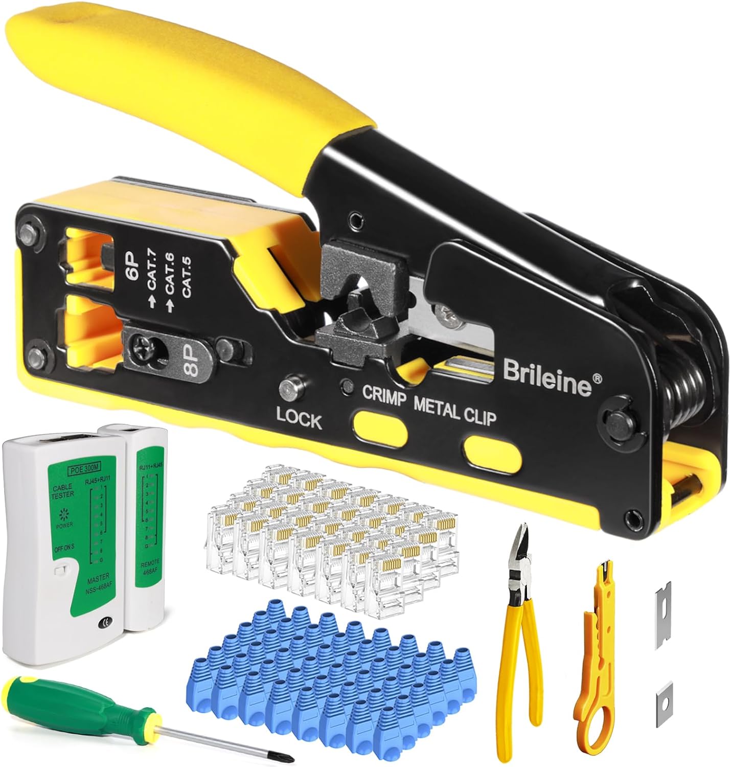 RJ45 Crimp Tool Kit for Cat5e, Cat6, and Cat7 Cables