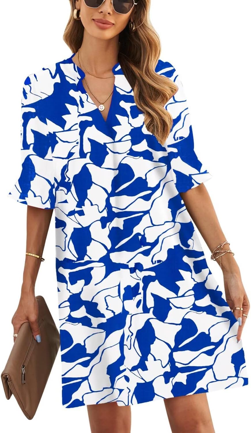 V-Neck Ruffled Short Sleeve Dress for Women by JOCAFIYE