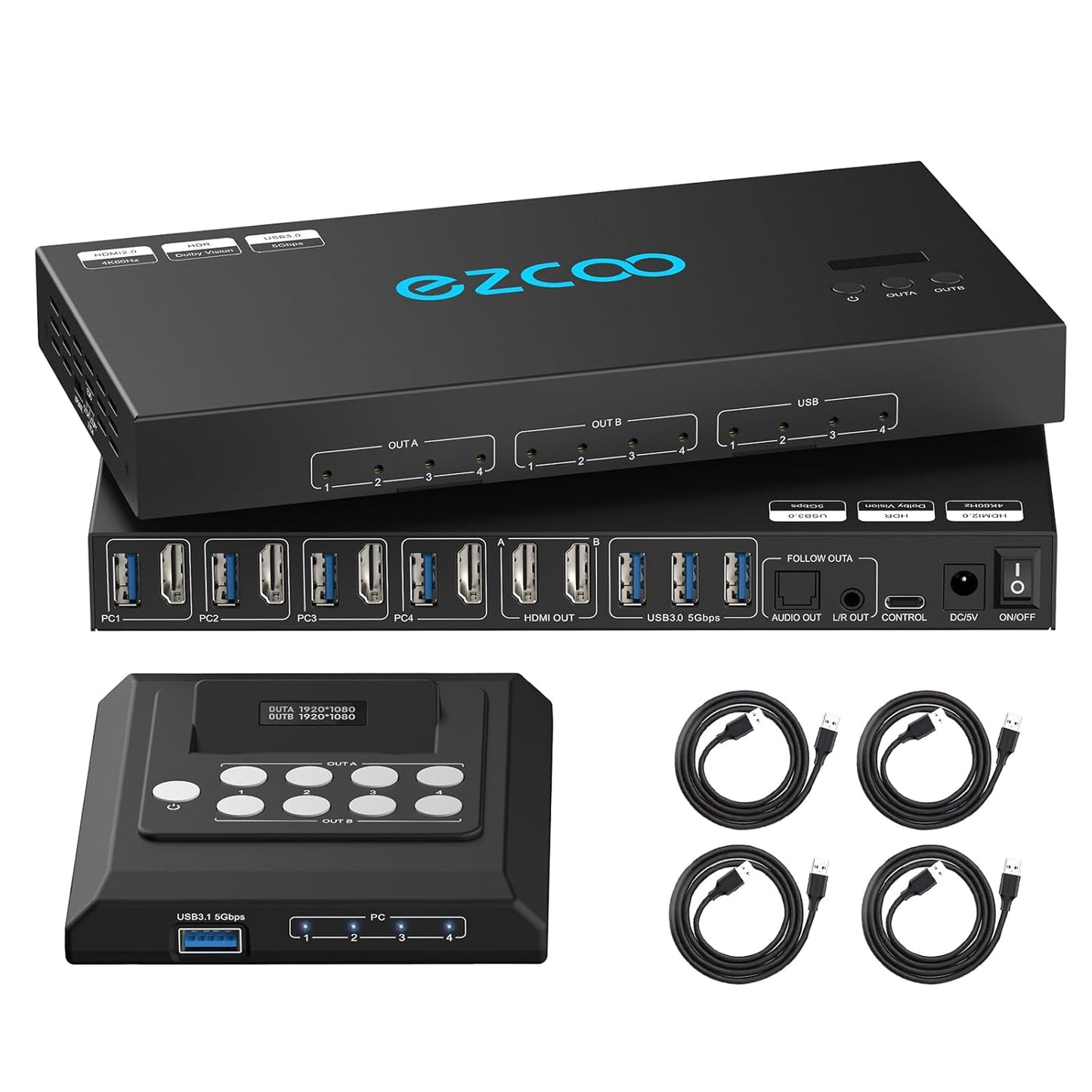 4K@60Hz HDMI 2.0 KVM Switch for 4PCs with Dual Displays