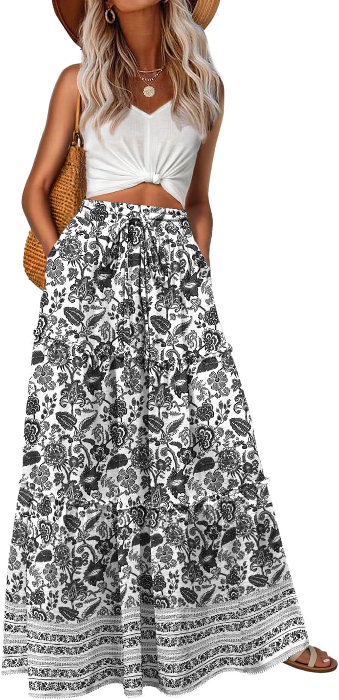 Lepunuo Womens Casual Boho High Waisted Flowy Maxi Skirts