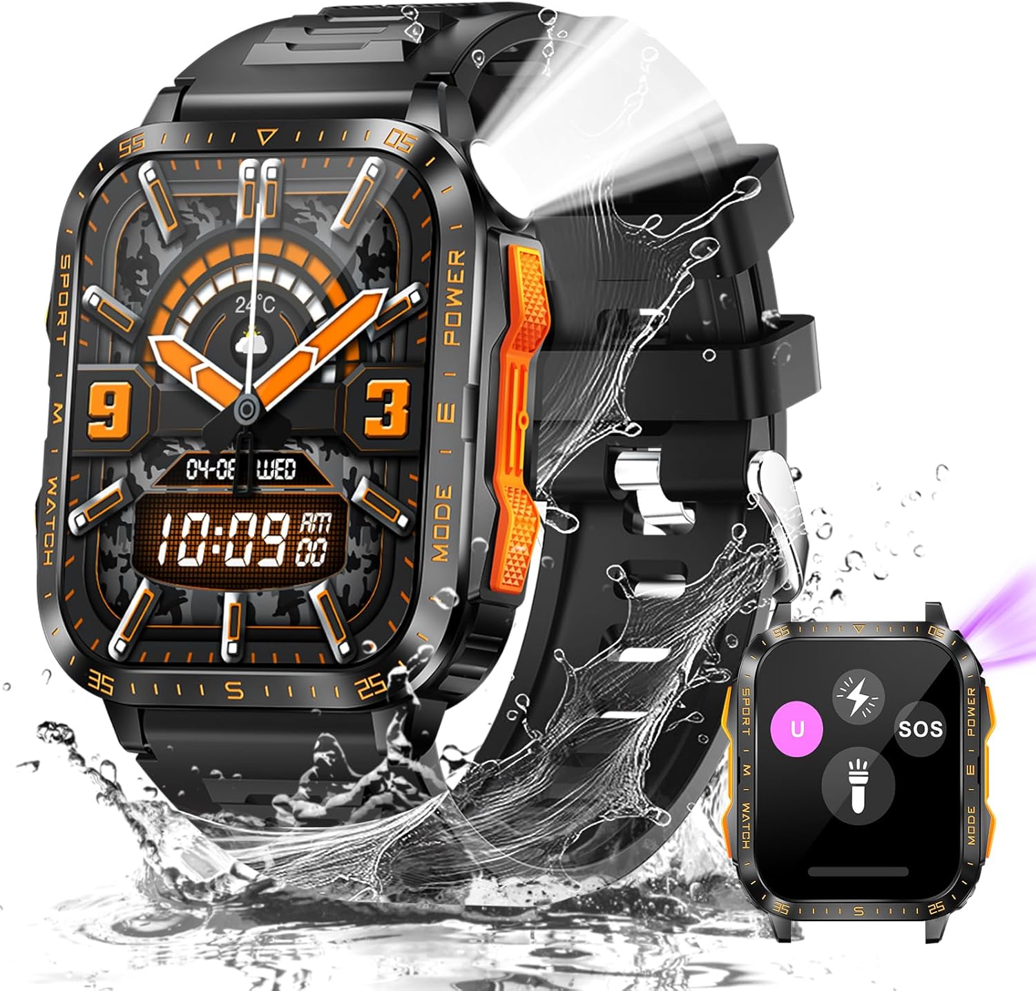 Rugged Military Smartwatch: 3ATM Waterproof, Big Screen, Fitness Tracker