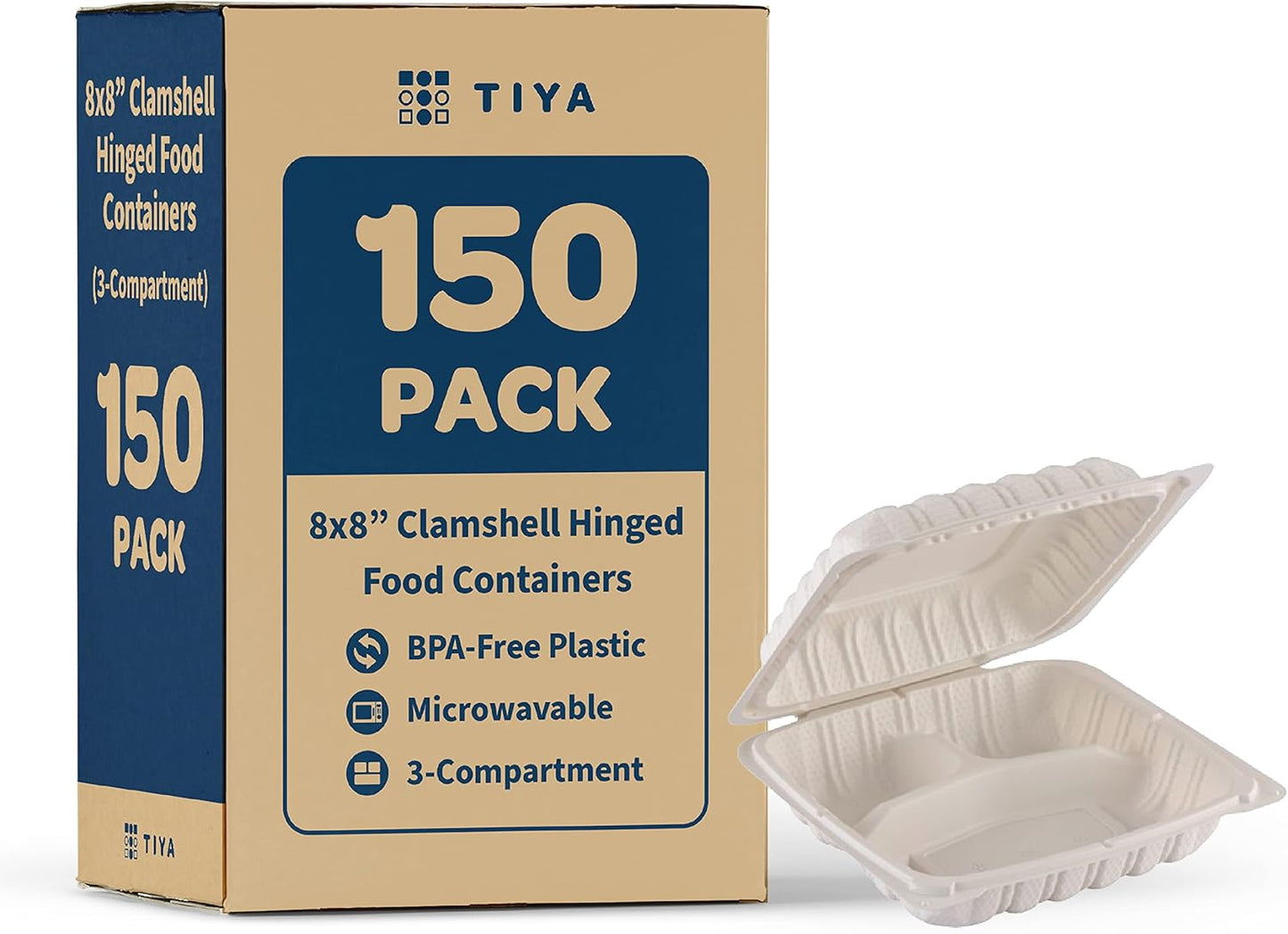 TIYA Clamshell Food Containers - 3-Compartment Meal Prep