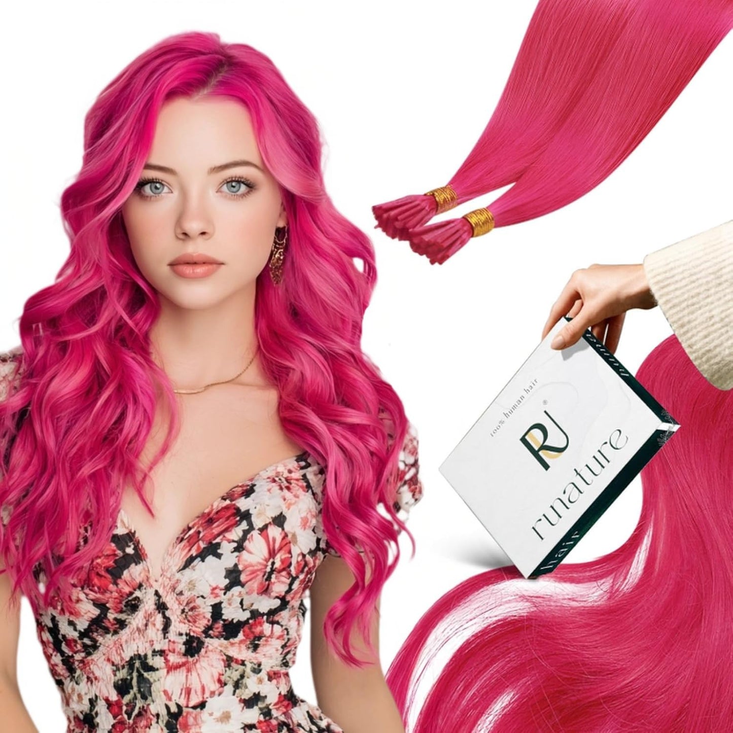 RUNATURE I Tip Hair Extensions for Women - 18Inch Hot Pink