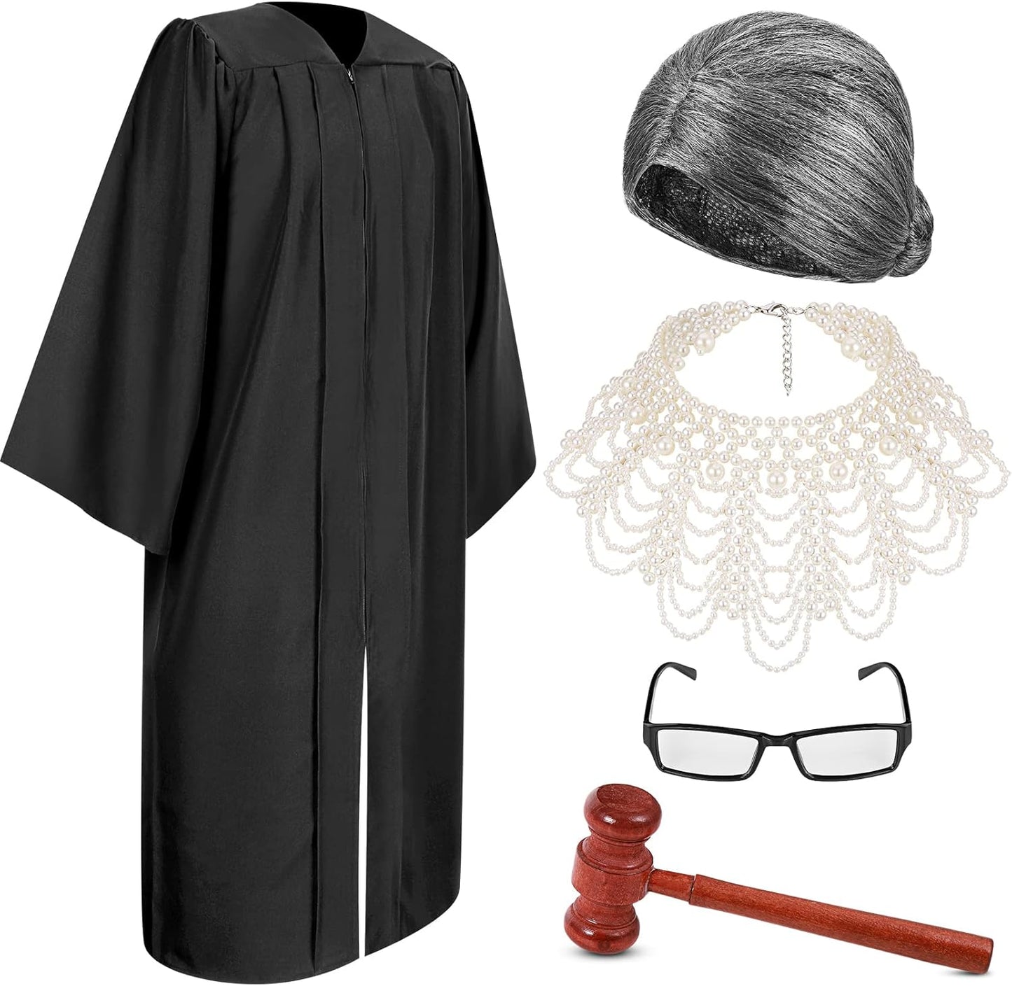 Judge Costume Set with Robe, Gavel, Wig, and Glasses for Halloween
