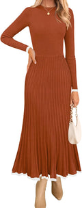Women's Long Sleeve Ribbed Sweater Dress - Pleated A-Line Maxi