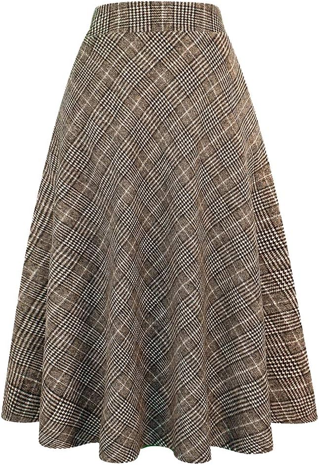Womens Plaid Wool Skirts A-Line Pleated Tartan Long Skirts