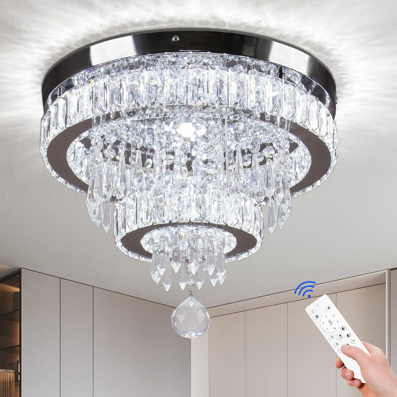 Modern Crystal Chandelier Flush Mount Light Fixture with Remote