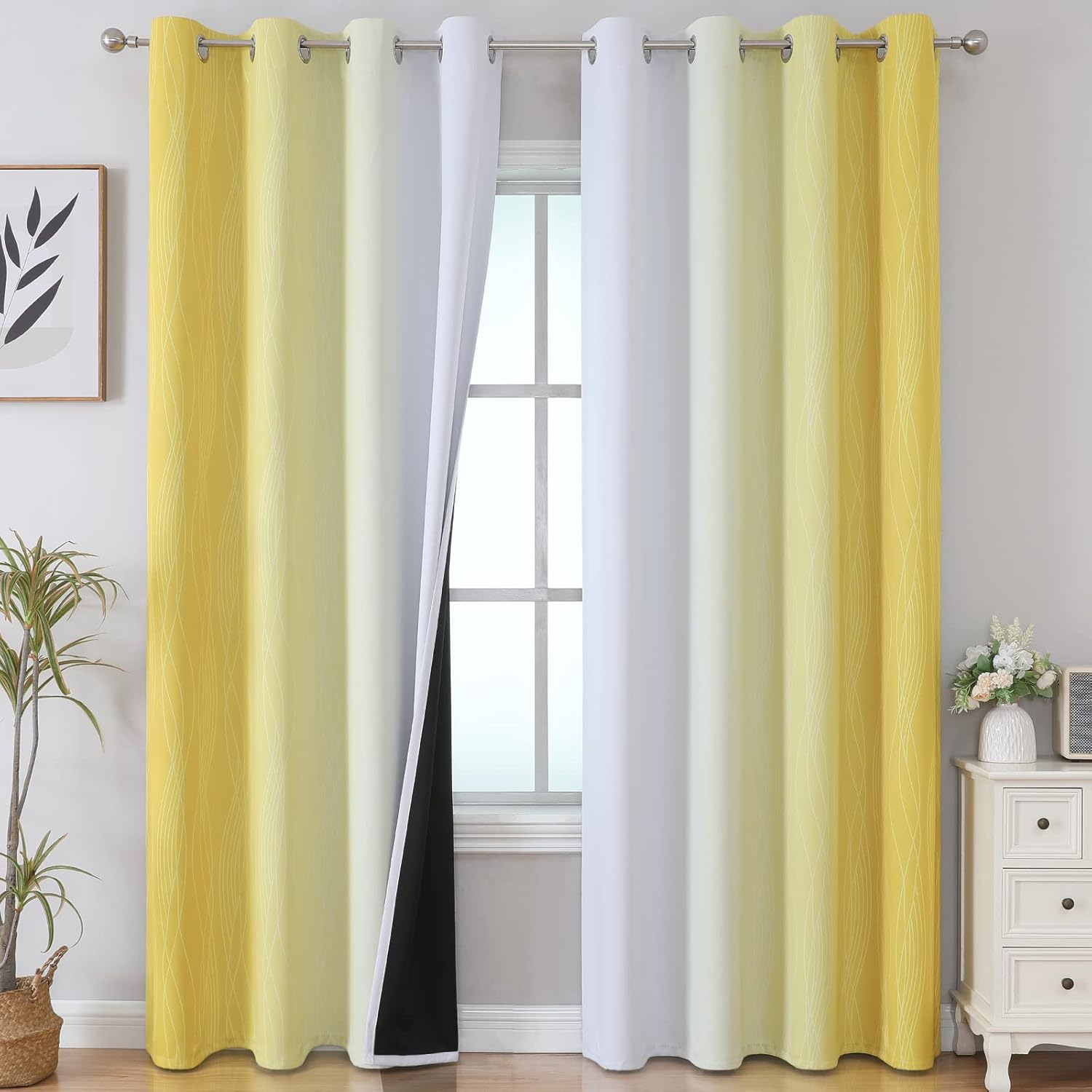 Ombre Yellow and Greyish White Blackout Curtains for Sliding Door