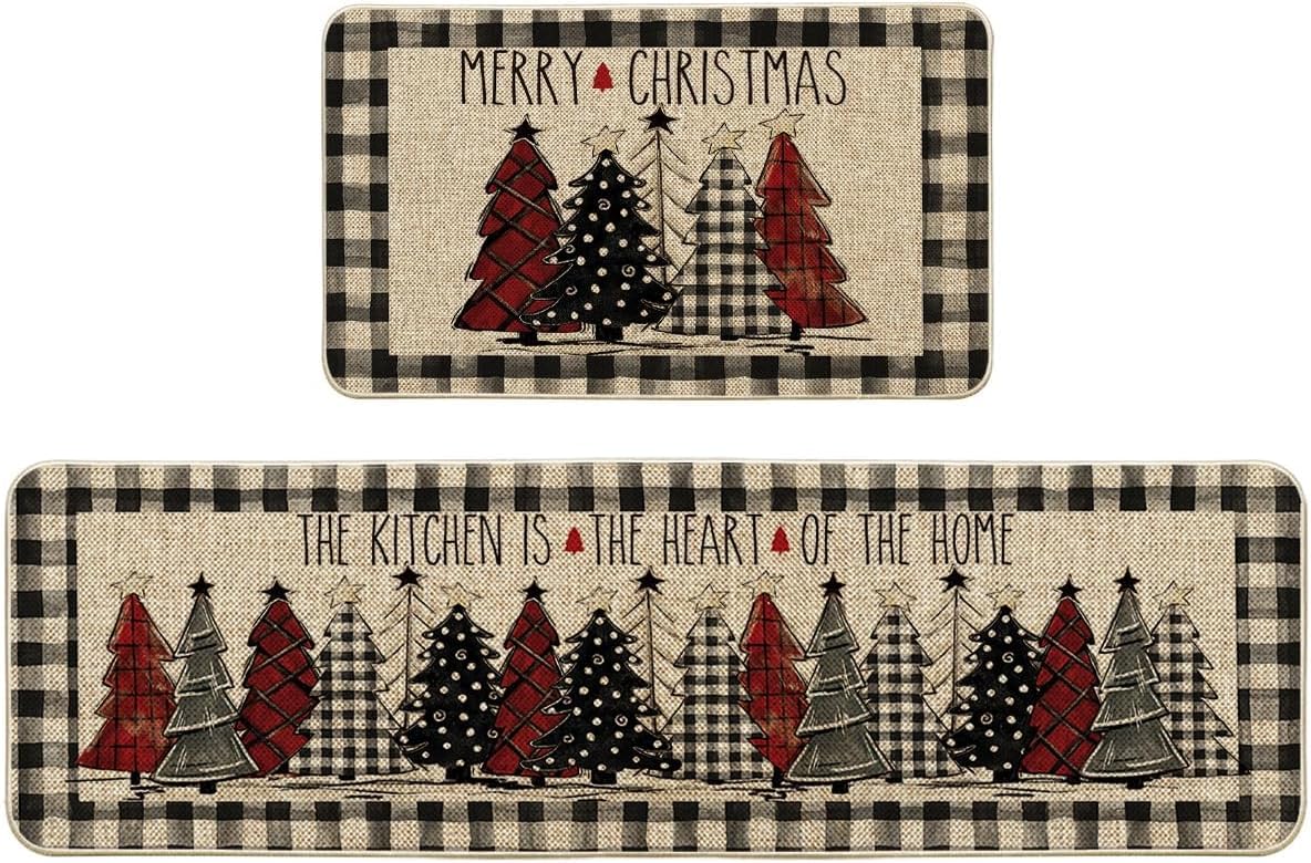Buffalo Plaid Xmas Tree Kitchen Mats Set of 2 for Home Decor