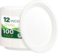 100PCS 100% Compostable White Oval Paper Plates 12in - Heavy Duty