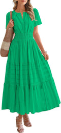 Womens Summer Midi Maxi Dress V Neck Elastic Waist - Boho Casual