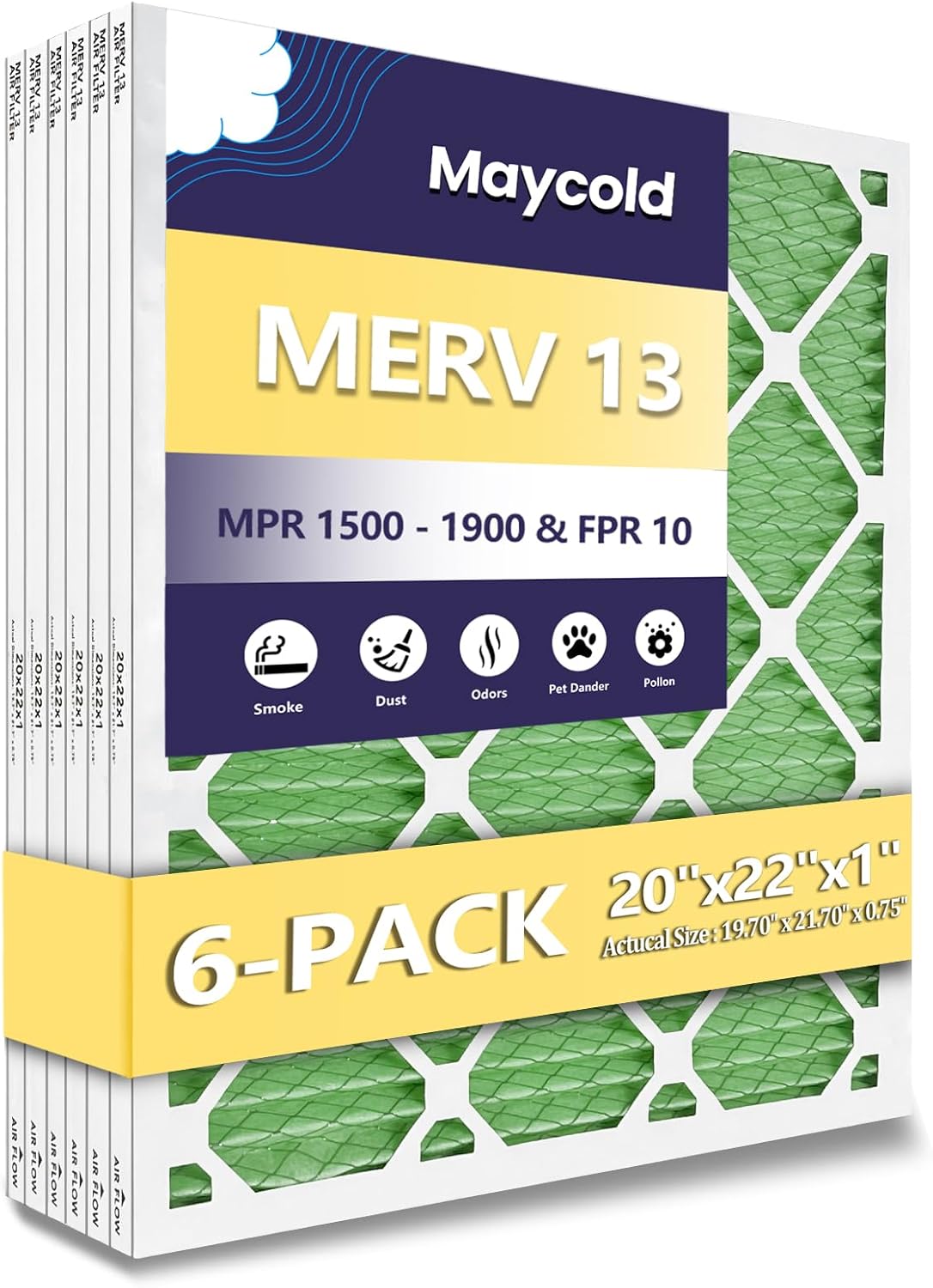 Maycold MERV 13 20x22x1 Air Filter 6-Pack for Home Use