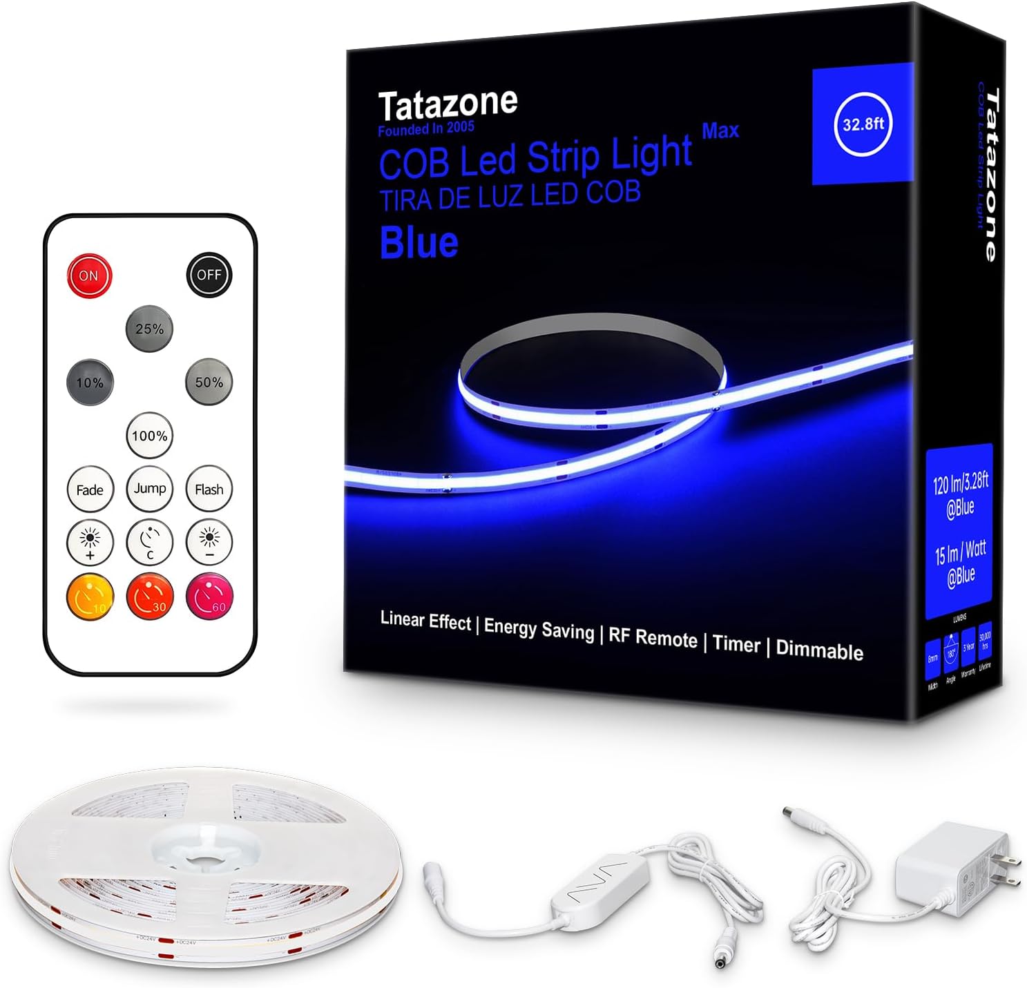 32.8ft Blue COB Led Strip Lights for Dimmable Indoor Use