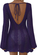 Womens Long Sleeve Crochet Cover Up Backless Mesh - Beachwear