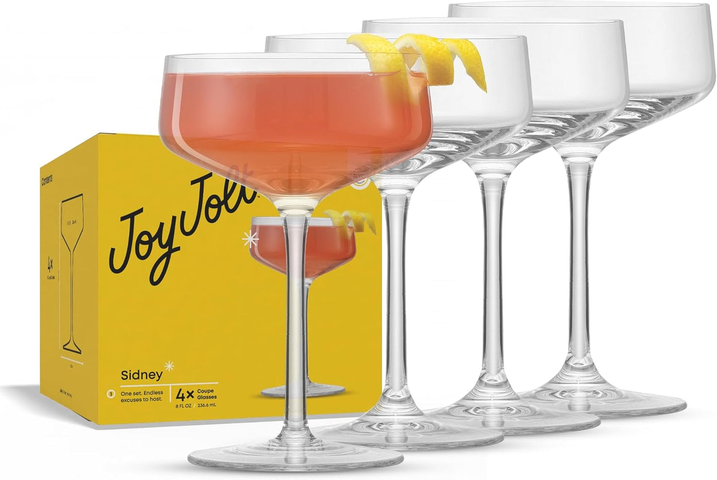 JoyJolt Sidney Cocktail Coupe Glasses Set of 4 for Modern Hosting