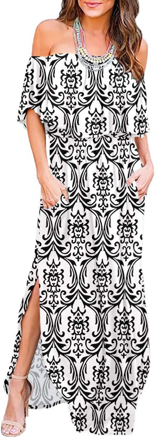 LILBETTER Womens Off The Shoulder Ruffle Party Maxi Dress