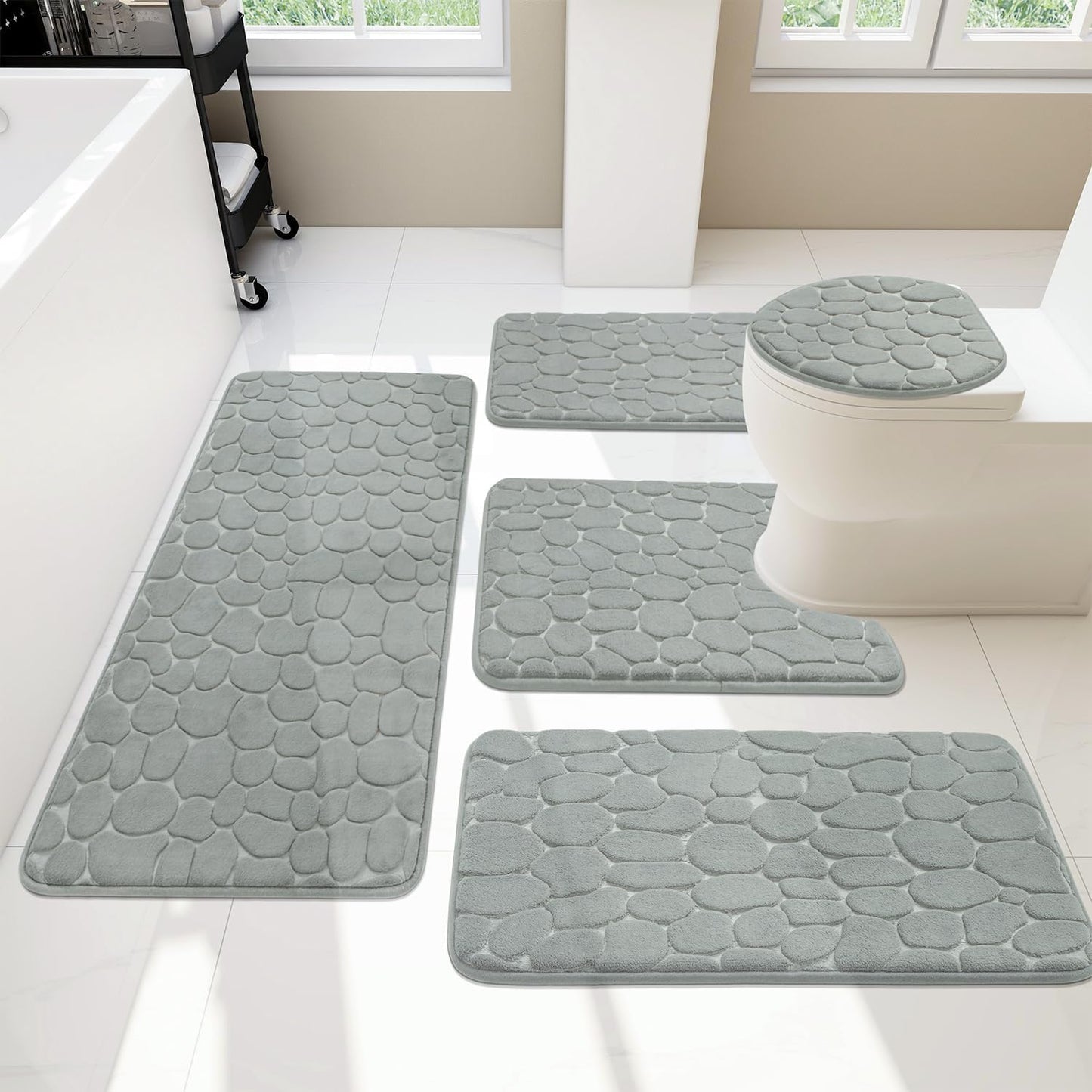 YIHOUSE Bathroom Rugs Set - 5 Piece Cobblestone Memory Foam