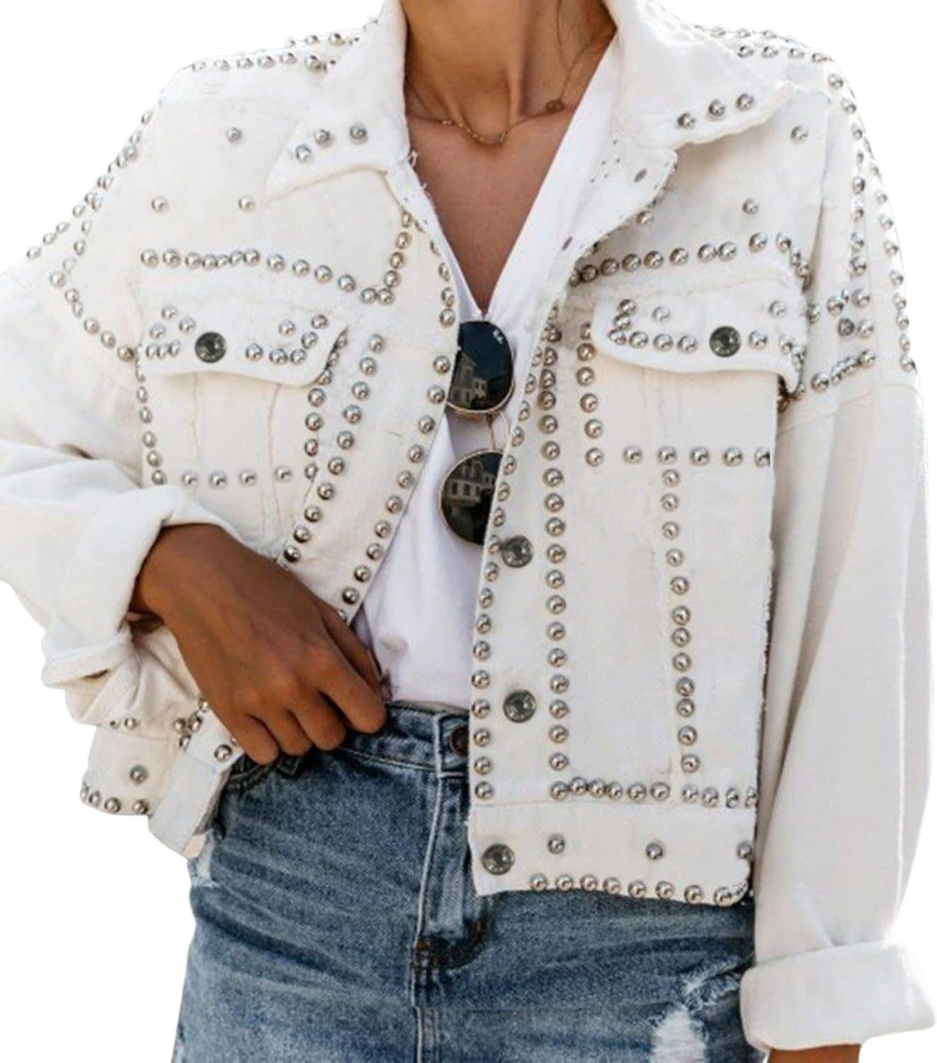 Stylish White Cropped Jean Jacket for Women by PUWEI