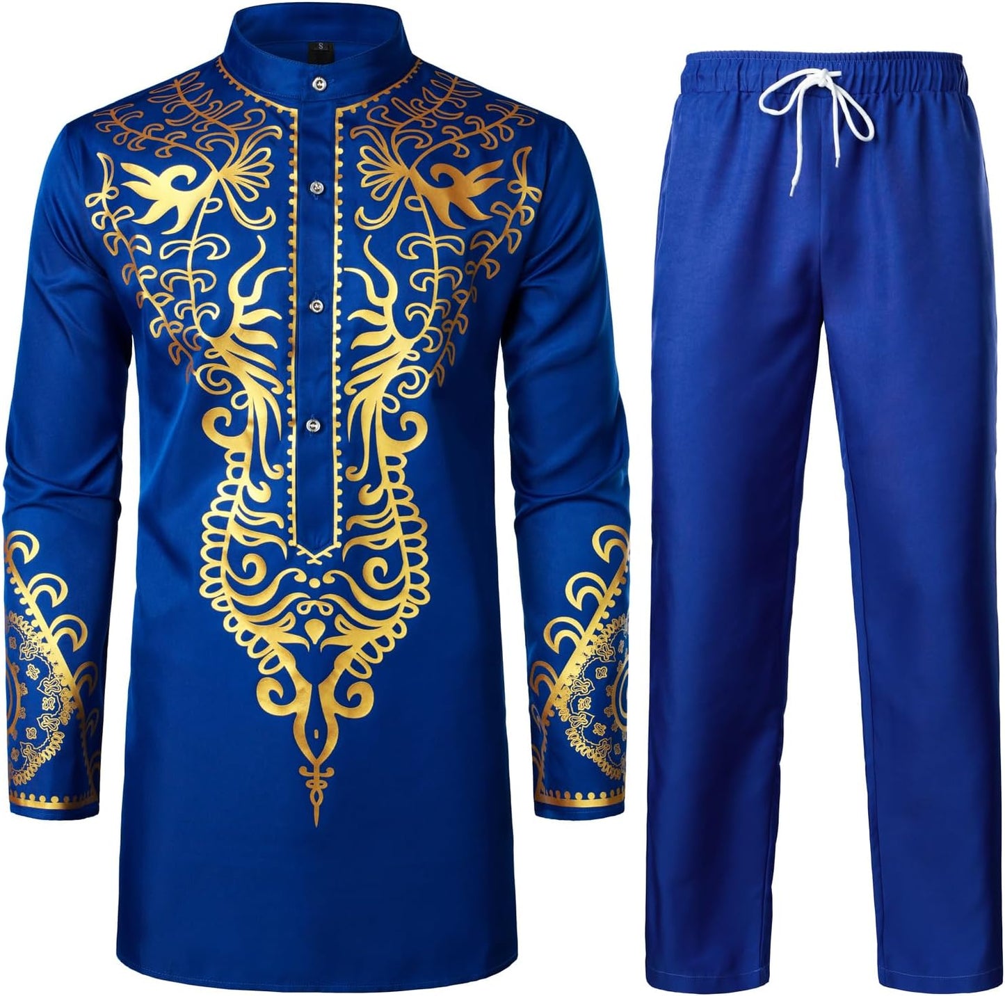 ZEROYAA Men's Africa Suit Long Sleeve Print Dashiki Outfit Set