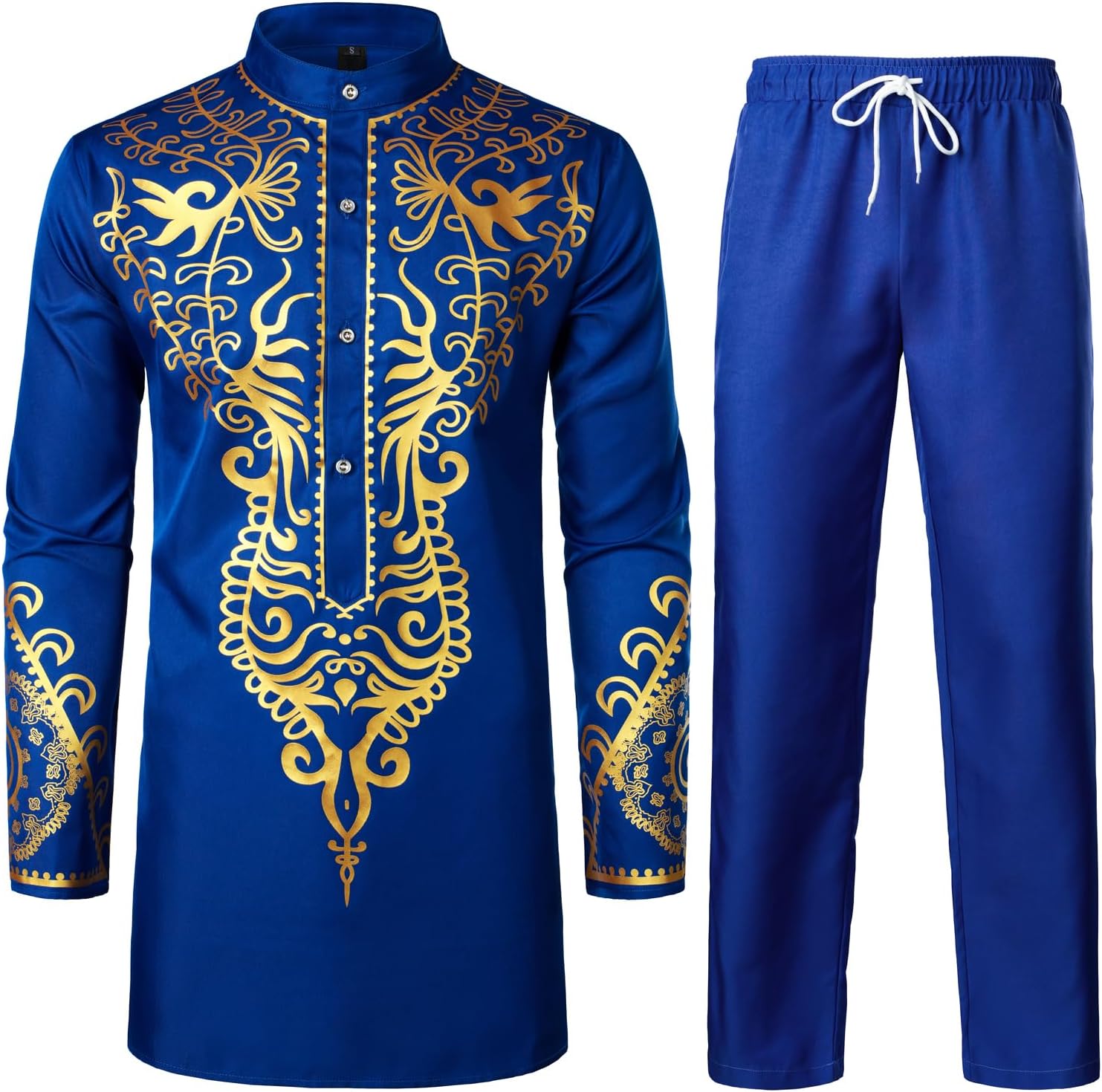 ZEROYAA Men's Africa Suit Long Sleeve Print Dashiki Outfit Set
