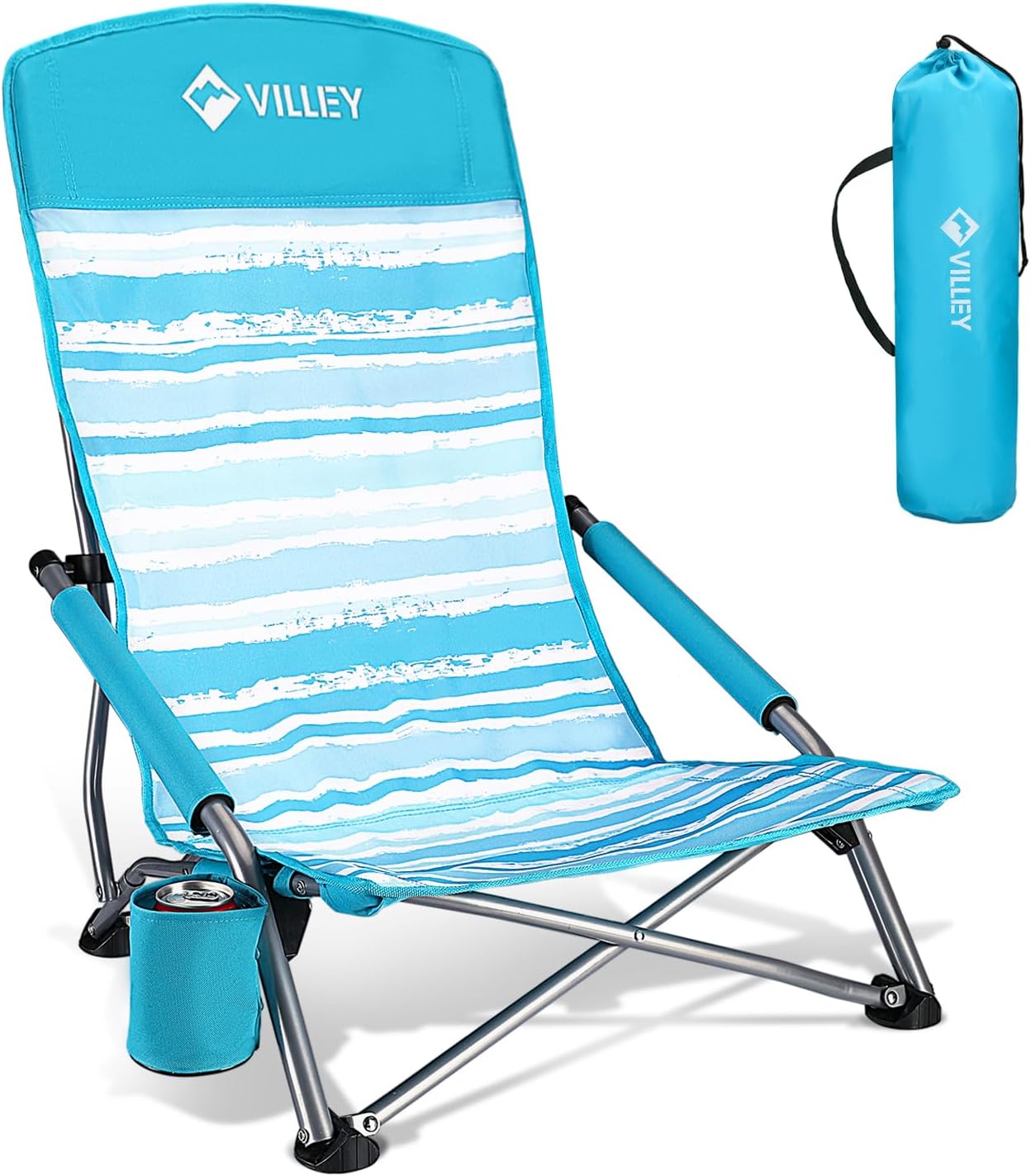 VILLEY Low Beach Chair - High Back Folding Chair for Adults
