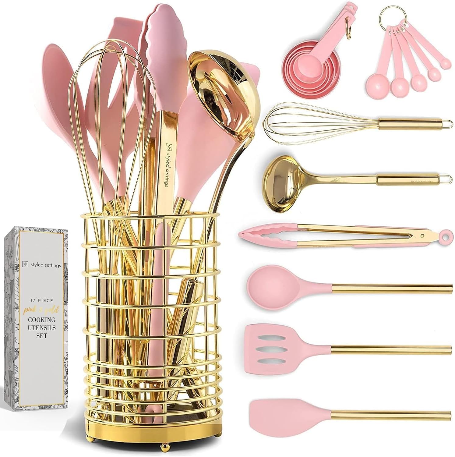 Pink and Gold Kitchen Utensils Set - 17 Piece Cooking Tools