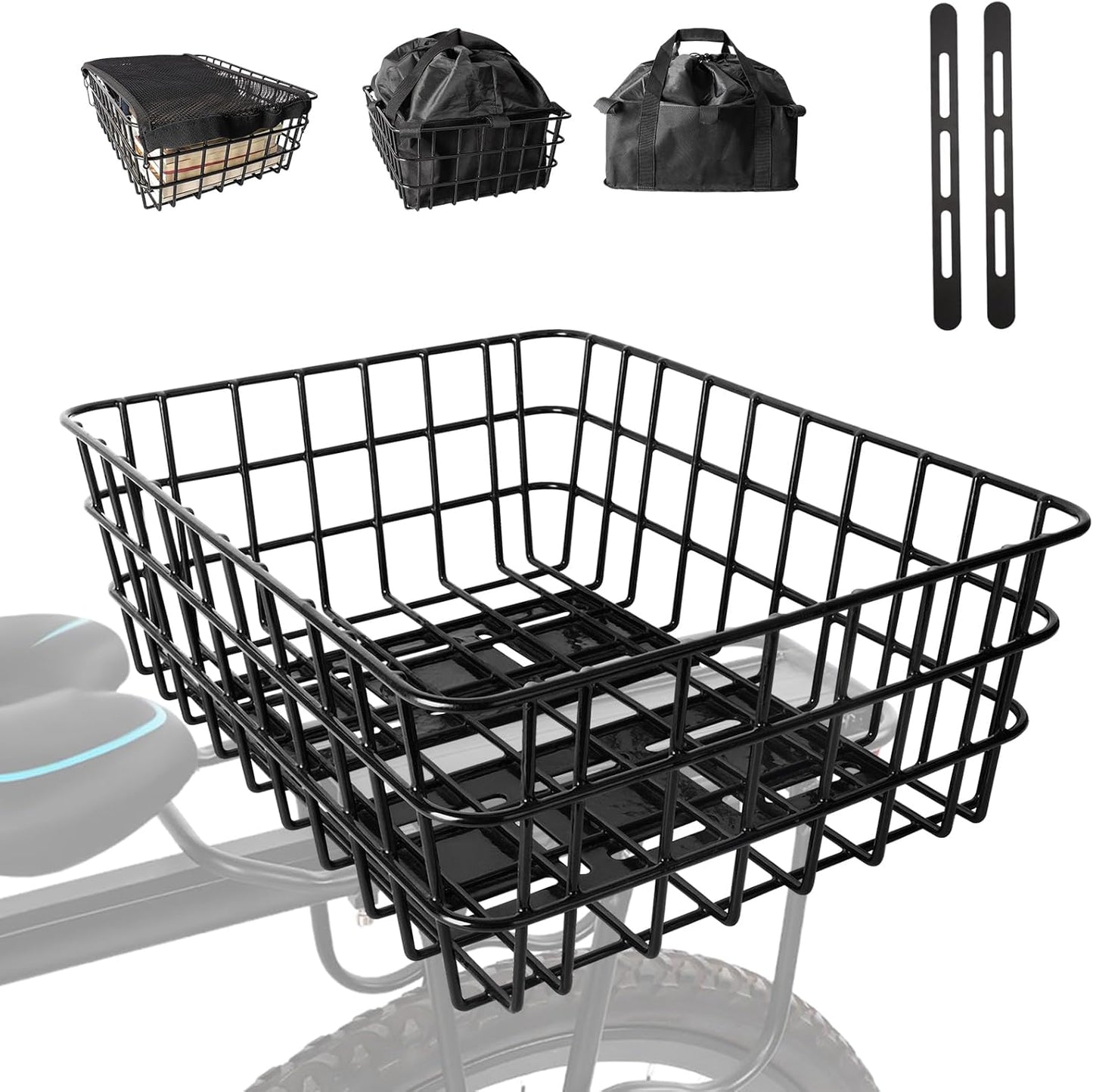 Heavy Duty Rear Bicycle Basket with Waterproof Cover and Liner