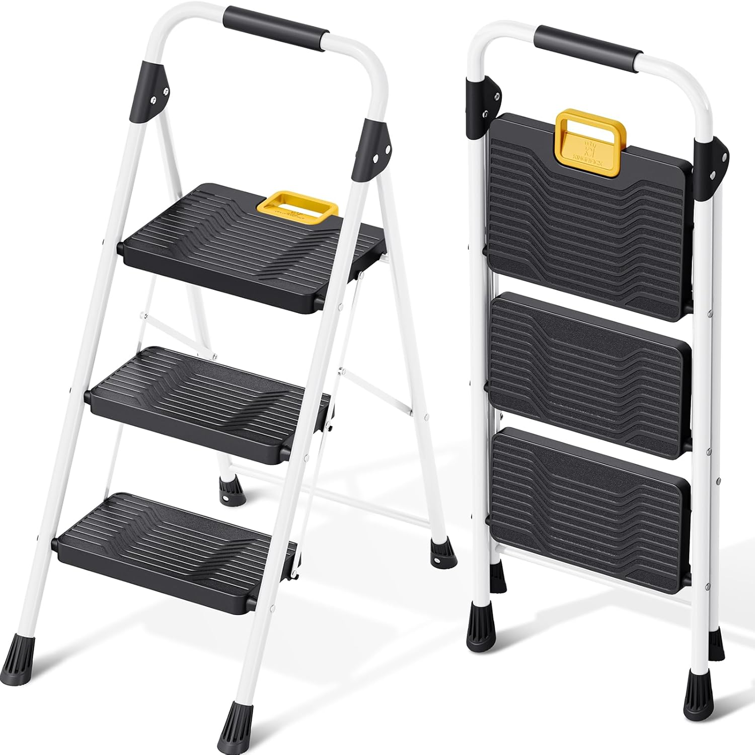 KINGRACK 3 Step Folding Ladder with Safety Lock and Handrail