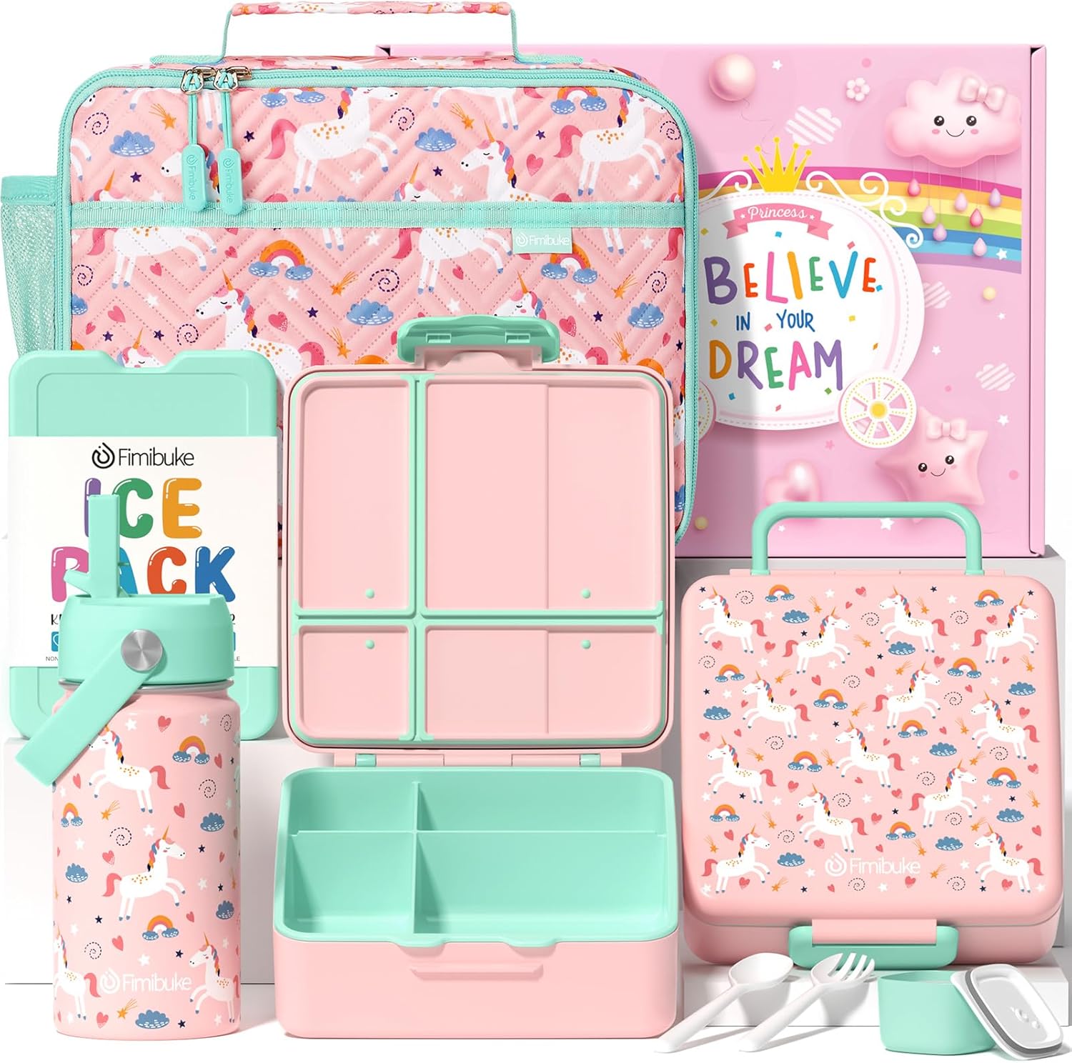 Fimibuke Kids Bento Lunch Box Set with Insulated Bag & Bottle