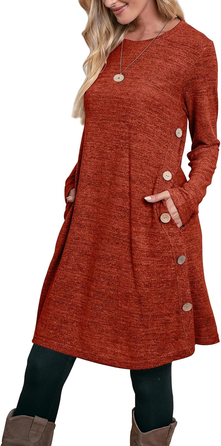 OFEEFAN Long Sleeve Dress for Women with Pockets and Buttons