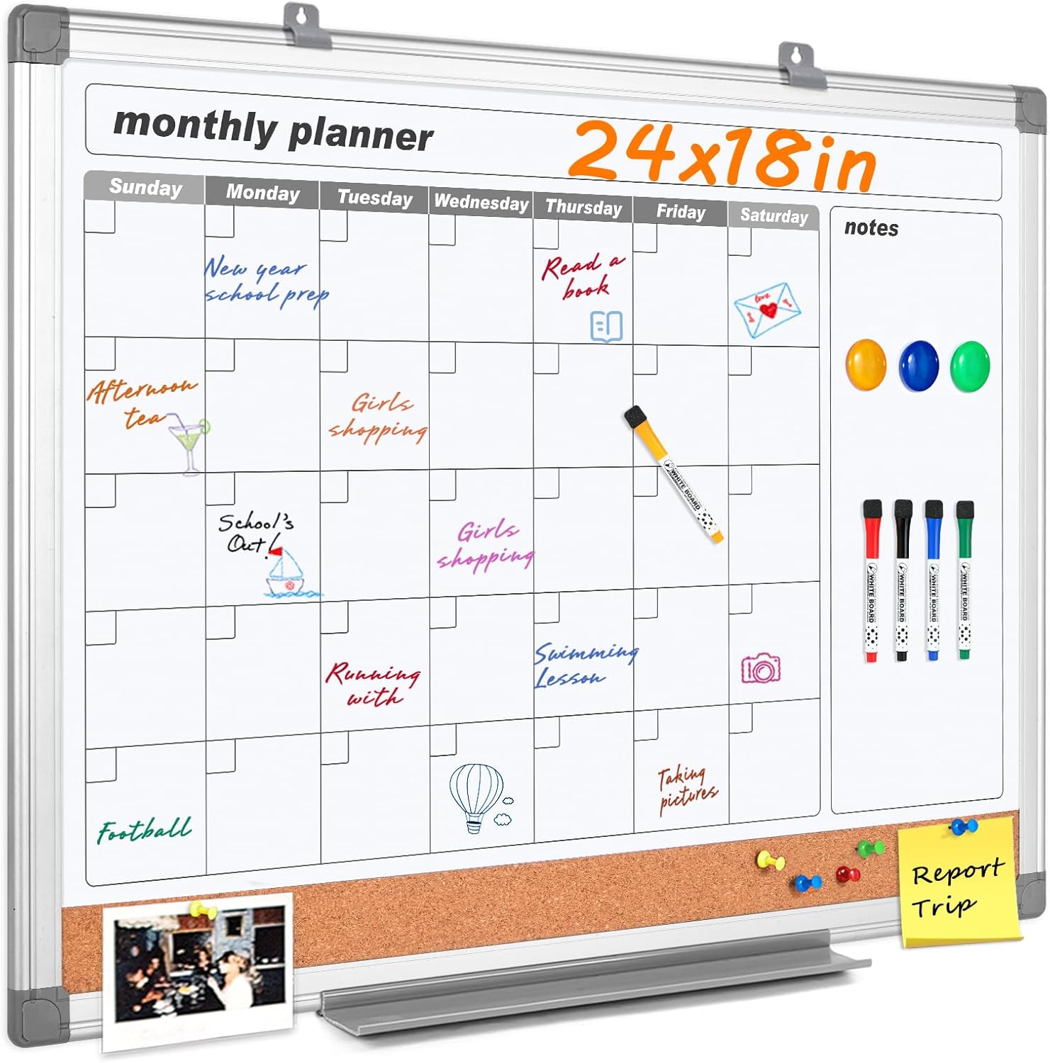 MAKELLO Dry Erase Calendar for Wall 24x18 in, Multi-Function