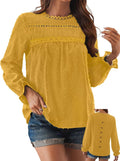 Womens Boho Long Sleeve Swiss Dot Crochet Top - Versatile Everyday Fit